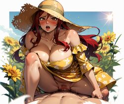 ahe_gao ai_generated erza_scarlet fairy_tail field large_breasts off_shoulder orgam payop pov rim_light sun_hat sundress sunflower vaginal_penetration vaginal_sex