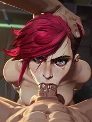 1boy 1girls ai_generated angry angry_face arcane arcane_vi blowjob blue_eyes deepthroat defeated face_tattoo failheroai forced forced_oral hair_grab hand_on_head head_grab kneeling league_of_legends maledom oral oral_sex penis piercing pink_hair rape riot_games short_hair tattoo tomboy vi