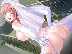 areolae ass backboob blush breasts bridal_veil bride brown_hair censored condom_belt condom_skirt dutch_angle elbow_gloves female game_cg garter_belt garter_straps highres huge_breasts kyonyuu_hitozuma_shimai_wa_nakadashi_niku_benki:_kotowari_no_wakai_kyokon_ni_soku_ochi_yokorobi_de_netori_haramase_onedari large_breasts legs long_hair looking_back miel mosaic_censoring multiple_condoms nipples no_bra no_panties nude open_mouth outdoors pussy smile stairs sweat thighhighs thighs used_condom yellow_eyes