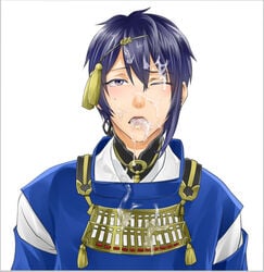 1boy blue_hair blush cum cum_in_mouth facial hair_ornament looking_at_viewer male_only mikazuki_munechika pov short_hair solo tagme touken_ranbu yaoi