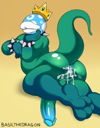 anthro anus ass basilthedragon belly bodily_fluids crown cum cum_in_ass cum_inside digital_drawing_(artwork) digital_media_(artwork) elemental_creature elemental_humanoid feet flora_fauna gay genital_fluids genitals green_body headgear hi_res humanoid lips male male_only mario_(series) nintendo nude penis piranha_plant plant plant_humanoid solo spikes tail