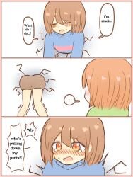 ... 2girls 3koma androgynous ass blue_sweater blush brown_hair chara comic female frisk funny green_sweater shocked striped_clothing stuck_in_wall undertale
