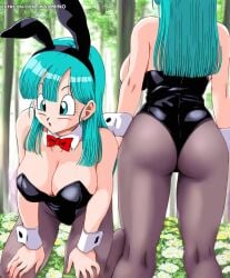 2girls ai_generated animal_ears animal_tail aqua_hair ass bangs bare_shoulders black_leotard black_pantyhose blue_eyes blue_hair bow bowtie breasts bulma_briefs bunny_ears bunny_girl bunny_tail bunnysuit cleavage clothing detached_collar dragon_ball dragon_ball_(classic) fake_animal_ears female flower from_behind karmino large_breasts legwear leotard long_hair looking_at_viewer multiple_girls nail_polish open_mouth pantyhose playboy_bunny red_bow red_bowtie red_nails solo strapless strapless_leotard tail thighs white_flower wrist_cuffs