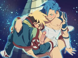 2boys bandage blonde_hair blue_hair blush brown_hair green_eyes jacket kamina kittan_bachika male_only multiple_boys penis short_hair tagme tattoo tengen_toppa_gurren_lagann yaoi