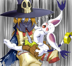 1boy bandai blue_skin digimon digimon_adventure female furry gatomon hat no_humans sex white_skin wizardmon