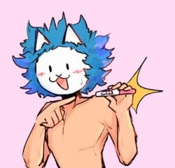 blue_hair blush cat_ears cat_god_(the_battle_cats) male_focus male_only nyanko_daisensou pregnancy_test pregnant_male solo_male sparkle tagme the_battle_cats the_cat_god veteran_cat