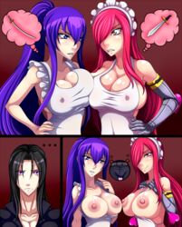 1boy 2girls apron armor black_hair blush breast_press breasts breasts_out comic crossover erect_nipples erza_scarlet fairy_tail heart highschool_of_the_dead huge_breasts kallistanebula large_breasts maid_headdress multiple_girls naked_apron nipples purple_hair red_hair saeko_busujima smile sword symmetrical_docking weapon