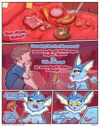 2023 absurd_res anthro anthrofied apricot_(bnbigus) avian blaziken blonde_hair blush bnbigus bodily_fluids border breasts comic cooking_with_body cute_fangs dialogue digital_media_(artwork) eeveelution english_text female food generation_1_pokemon generation_3_pokemon hair hi_res hot_stuff_(bnbigus) human light-skinned_male mammal meat muscular muscular_anthro muscular_female narrowed_eyes nintendo nude plant pokemon pokemon_(species) sausage scutes signature size_difference sweat tail teeth text tongue tongue_out tuft under_boob vaporeon vegetable white_border