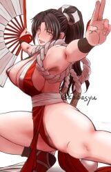 arm_guards armpits ass bare_shoulders breasts brown_eyes brown_hair chiba_shuusaku cleavage covered_nipples fatal_fury female folded_fan folding_fan hand_fan high_ponytail holding holding_fan japanese_clothes king_of_fighters large_breasts long_hair looking_at_viewer mai_shiranui ninja pelvic_curtain ponytail pubes pubic_hair pubic_hair_peek revealing_clothes rope sideboob snk solo thighs