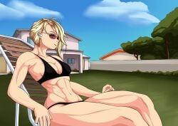 1girls abs asymmetrical_hair athletic athletic_female belly_button blonde_hair bra deck_chair fit_female gwen_stacy gwen_stacy_(spider-verse) looking_at_another marvel muscular_arms muscular_female muscular_thighs navel short_hair small_breasts spider-gwen spider-man:_across_the_spider-verse spider-man:_into_the_spider-verse spider-man_(series) sunglasses superhero superheroine tacticoolmofo tinted_eyewear tomboy