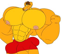 anthro ass biceps big_pecs big_penis breasts brown_hair brown_nose bulge butt_bulge canine fantommfloofer flexing flexing_bicep furry_male green_eyes musclefurrydogaaron muscles nipples penis_bulge red_boxer_briefs red_boxers sexydogaaron smile smiling_at_viewer winking winking_at_viewer yellow yellow_dog yellow_fur