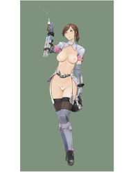 bangs border breastless_clothes breasts brown_hair c-string contrapposto elbow_gloves female female_only full_body garter_straps gauge green_background green_eyes large_breasts makochin nipples ponytail pubic_hair pubic_hair_peek revealing_clothes short_hair short_sleeves simple_background solo syringe thighhighs tied_hair white_border