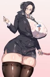 1futa balls black_hair black_jacket breasts bulge clothed clothing covered_nipples cowboy_shot dildo erection erection_under_clothes fully_clothed futa_only futanari glasses highres huge_breasts human jacket light-skinned_futanari light_skin long_hair no_bra office_lady original pencil_skirt penis ponytail seito_edaha seitoedaha sex_toy shirt skirt solo standing thick_thighs thighhighs thighs white_background white_shirt