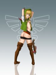 artist_name blonde_hair blue_eyes boots clothing crossbow female footwear from_behind handwear hood hyrule_warriors linkle lips looking_at_viewer looking_back nintendo one_eye_closed solo the_legend_of_zelda twin_braids wink