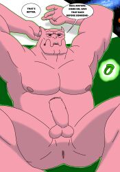 absurd_res anus assisted_exposure bolovaxian dc_comics dialogue genitals green_lantern_(series) ha_a_monkey hi_res kilowog male muscular muscular_male nude outer_space overweight overweight_male penis pink_body solo spread_legs spreading text