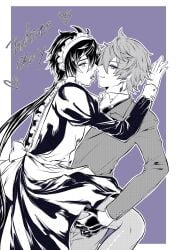 2boys genshin_impact greyscale imminent_kiss maid purple_background tartaglia_(genshin_impact) twitter white_day yaoi zhongli_(genshin_impact) ろろん