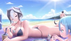 1girls 2boys beach big_breasts bikini black_and_white_hair black_bikini black_eyes bondrewd bubble_tea cleavage detailed_background female female_focus hair_between_eyes made_in_abyss marulk mooon278 necklace on_stomach outdoors ozen short_hair smile solo_focus swimsuit two_tone_hair whistle whistle_around_neck