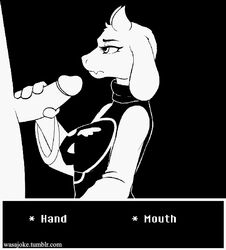 animated boss_monster breasts caprine cum cum_on_breasts cum_on_face erection female goat handjob humanoid_penis mammal monochrome penis straight toriel undertale video_games wasajoke