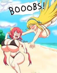 2024 2girls beach big_breasts bikini blonde_hair blush bouncing_breasts breasts busty crossover dragon_girl dragon_horns dragon_humanoid drool drooling female giant_breasts huge_breasts human ilulu_(dragon_maid) imminent_grope katsuragi_(senran_kagura) large_breasts lunge lunging marvelous miss_kobayashi's_dragon_maid red_hair running scared scared_expression senran_kagura sharp_teeth soulkibble tears thick_thighs tight_bra tight_clothing tight_fit yuri