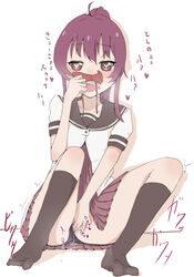 bk209 blush bow clothing female heart-shaped_pupils long_hair masturbation open_mouth panties pink_hair purple_eyes purple_hair saliva school_uniform sitting skirt solo sugiura_ayano yuru_yuri