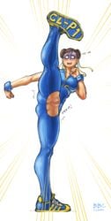 2016 alternate_costume bbc-chan blush bodysuit bracelet chun-li crotch_cutout double_bun embarrassed exposed_pussy female female_only fighting_stance hair_bun human leg_up pussy pussy_outside sneakers solo street_fighter tearing_open_bottoms torn_open_bottoms uncensored wardrobe_malfunction