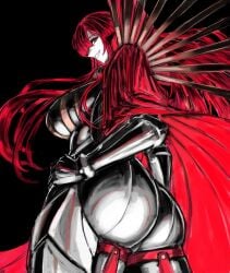 ass ass_focus bodysuit cape fate/grand_order fate_(series) maabo_harusame oda_nobunaga_(avenger)_(fate) oda_nobunaga_(fate) red_eyes red_hair smile tagme