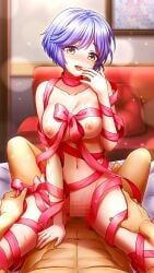 1boy blue_hair blush breasts censored collarbone cowgirl_position doukyuusei doukyuusei_another_world female game_cg head_tilt indoors large_breasts lens_flare looking_at_viewer male_pov mosaic_censoring naked_ribbon nipples official_art on_bed open_mouth pink_ribbon pov ribbon short_hair solo_focus sparkle straddling straight_hair sweatdrop tamachi_hiromi thigh_strap vaginal_penetration yellow_eyes