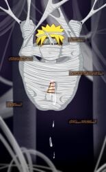blonde_hair bondage cocoon cum exposed_penis headband kurttype5 male male_only mind_break naruto penis short_hair solo spider_web text uzumaki_naruto web web_bondage webbed young