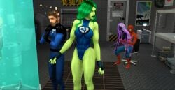 2boys 2girls 3d behind_back fantastic_four female glass_tube green-skinned_female green_skin hulk_(series) human invisible_woman leotard light-skinned_male light_skin male marvel mature mature_male mr_fantastic penis_out pof3445 reed_richards she-hulk spider-man spider-man_(series) stealth_sex straight sue_storm the_sims the_sims_4 translucent ultimate_fantastic_four water_tank