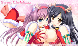 2girls areolae bare_shoulders black_hair blue_eyes blush breast_grab breast_hold breast_press breasts brown_eyes censored christmas ishikawa_koyomi large_breasts let's_kaitou! long_hair looking_at_viewer multiple_girls nekokura_ran nipples open_mouth purple_hair reindeer_costume squeez symmetrical_docking tongue tongue_out yuibi