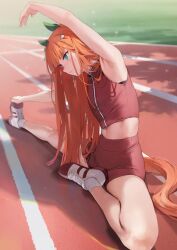 arm_above_head armpits athletic athletic_female emyo female female_only green_eyes gym_clothes highres horse_ears horse_girl horse_tail long_hair midriff orange_hair petite petite_body red_bloomers red_shorts shoes shorts silence_suzuka_(umamusume) sitting_on_ground sports_shorts sportswear stretch stretching track_and_field umamusume white_shoes