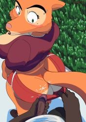 absurd_res ass big_breasts big_butt blush blush_lines breasts brown_body brown_fur candid canid canine clothing clothing_pull cum_into_clothes diane_foxington dreamworks duo female fox fox_tail fur genitals grass_field hi_res male mammal penis shirt tagme the_bad_guys toonarscontent topwear