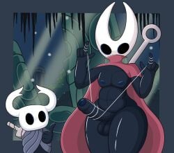 anthro arthropod balls black_body cape cloak clothing duo foreskin ftm_crossgender genitals hi_res hollow_knight horn hornet_(hollow_knight) male nipples penis poraka7 protagonist_(hollow_knight) rule_63 sewing_needle string team_cherry thick_thighs