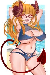 armpits arms_behind_head beach bikini blonde_hair cleavage demon_girl demon_tail glasses indie_virtual_youtuber large_breasts nipple_bulge red_eyes tane tane_tenshi virtual_youtuber vtuber