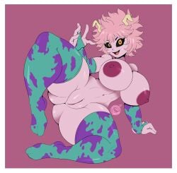 armwear black_sclera breasts leggings looking_at_viewer mina_ashido my_hero_academia pink_body pussy suirano thick_thighs yellow_eyes