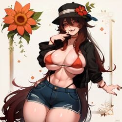 1girls ai_generated belly belly_button big_breasts black_hat black_jacket black_nails black_thong bluecatrip bracelet bracelets brown_hair choker crazy crazy_eyes crazy_smile erect_nipples female fit fit_female flower flower_on_hat genshin_impact hair_between_eyes hand_on_chin hat hoyoverse hu_tao_(genshin_impact) huge_breasts jacket jeans looking_at_viewer mihoyo nail_polish navel nipple_bulge nipples open_jacket open_mouth red_bikini red_choker red_eyes red_hair short_jeans shorts smirk smirking smirking_at_viewer stable_diffusion sunflower teeth teeth_showing thick_thighs thong wide_hips