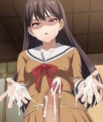 1boy after_ejaculation after_handjob bang_dream! bang_dream!_it's_mygo!!!!! brown_dress brown_hair censored cum cum_on_body cum_on_hands cum_string dress female hanasakigawa_school_uniform highres indoors long_hair magukappu mole mole_under_eye mosaic_censoring open_mouth penis purple_eyes red_ribbon ribbon sailor_collar sailor_dress school_uniform serafuku shaded_face shiina_taki straight white_sailor_collar winter_uniform