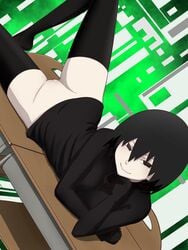 black_eyes black_hair black_legwear desk female looking_at_viewer monogatari_(series) okipuu oshino_ougi owarimonogatari pussy solo