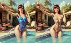 1girls ai_generated d.va devil devil_horns devil_tail horn horns kejma-kensiro looking_at_viewer multiple_images nipple_bulge nipples nipples_visible_through_clothing nude nude_female overwatch overwatch_2 plump_labia pointy_ears puffy_pussy pussy small_breasts smile solo swimsuit tail teenager teeth tiefling tight_clothing tights v voluptuous water_pool wide_hips wine wine_glass