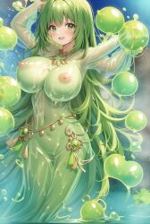 1girls ai_generated big_breasts green_eyes green_hair green_skin green_slime happy slime_girl stable_diffusion