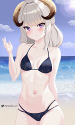 1girls aurora_atria ayano_akira beach bikini blush clouds day female female_focus female_only front_view grey_hair highres horns latam_virtual_youtuber lefolk light-skinned_female light_skin long_horns looking_at_viewer ocean purple_eyes sand short_hair sky small_breasts smiling smiling_at_viewer solo solo_female standing summer sun swimsuit thong thong_bikini virtual_youtuber vtuber vtuberfanart