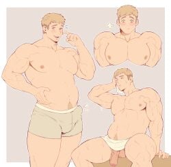 1boy absurdres bara blonde_hair blush bulge dungeon_meshi erection erection_under_clothes highres laios_touden large_pectorals male_focus male_only male_underwear muscular muscular_male naked_towel navel navel_hair nipples one_eye_closed open_mouth pectorals penis rekkinj short_hair simple_background sitting smile testicles towel underwear white_male_underwear yellow_eyes