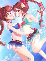 2girls amane_tsukasa amane_tsukuyo bikini bikini_bottom bikini_top bra braid braided_hair braided_ponytail brown_hair fjn1031 human human_only magia_record:_mahou_shoujo_madoka_magica_gaiden mahou_shoujo_madoka_magica multiple_girls ponytail puella_magi_madoka_magica swimsuit swimwear twins young yuri