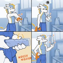 absurd_res anthro bulge clothed clothing comic detailed_bulge dragon genital_outline hi_res katzenfaust male mythological_creature mythological_scalie mythology penis_outline scalie skyril solo topless towel