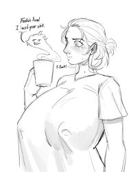2girls big_breasts citlali_(pampomelo) coffee_cup ghost_tail nipples_visible_through_clothing pampomelo short_hair sketch stunned