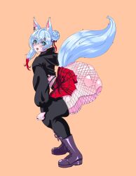 1girls ass ass_bigger_than_head ass_focus bent_over big_ass big_butt blue_eyes blue_hair boots bottom_heavy bubble_butt clothing de_kurayami female female_only fishnets glasses hoodie huge_ass kemonomimi legwear looking_at_viewer mostly_clothed open_mouth pear_shaped ripped_fishnets side_view skirt slim_waist small_skirt solo solo_female tail thick_thighs thigh_bulge wardrobe_malfunction wolf wolf_ears wolf_girl wolf_tail