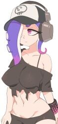 1girls acht_(desanitized) acht_(splatoon) alternate_version_available asymmetrical_hair breasts dedf1sh female hair_over_one_eye hat headphones large_breasts light-skinned_female light_skin long_hair midriff nintendo octoling purple_hair simple_background splatoon splatoon_3 splatoon_3:_side_order tentacle_hair yuta_agc