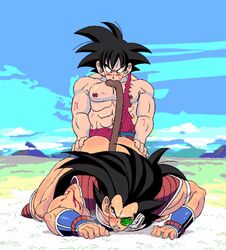 2boys abs age_difference all_fours anal anal_sex animated ass bara black_hair blood blush brothers doggy_style dragon_ball dragon_ball_z green-tinted_eyewear incest long_hair male male_only multiple_boys muscle muscles outdoors pecs raditz scouter size_difference son_goku steam sweat tagme tail tinted_eyewear yaoi