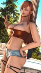 3d auburn_hair blue_eyes bubble_butt dreaming_oracle final_fantasy_xiv gpose(ffxiv) perky_breasts ryne_waters shiny_skin short_shorts slightly_chubby teenager thick_thighs tubetop v_sign voluptuous wink