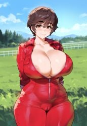 ai_generated brown_eyes brown_hair cleavage creamy_ai curvy huge_breasts idolmaster idolmaster_cinderella_girls jumpsuit oikawa_shizuku thick_thighs wide_hips